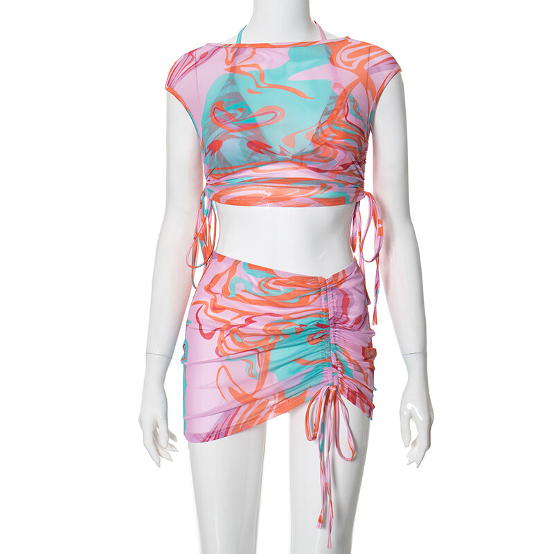 CUTENOVA naiste võrgutrükiga trükitud bikiinitopid + kõrge vöökohaga miniseelik, rannarõivad, uued sobivad pitsilised komplektid, 2-osaline komplekt 2024 S