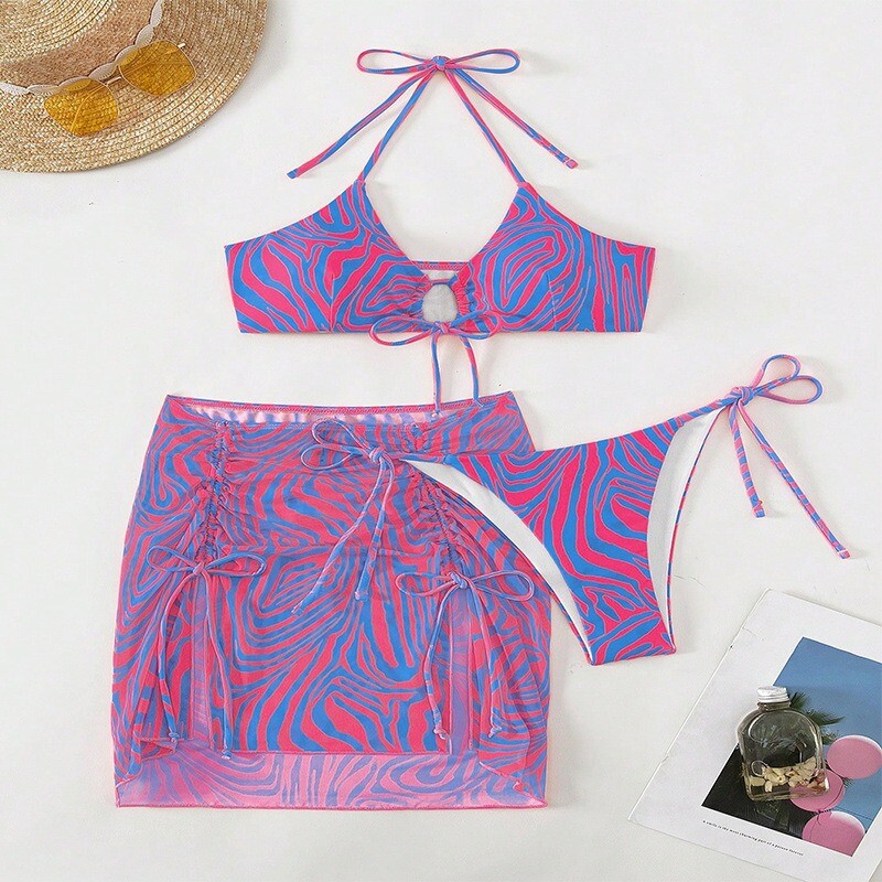 Suvine naiste ujumistrikoo trükitud pitsiga rannaseelik bikiinid seksikas poolitatud ujumistrikoo kolmeosaline naiste bikiinid