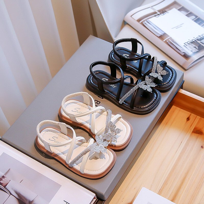 Suvised tüdrukute sandaalid Rhinestone kandiline varvas klamber-varvas Luksuslikud laste liugurid Must beež pehme Pu-nahast šikk lastekingad 23-36