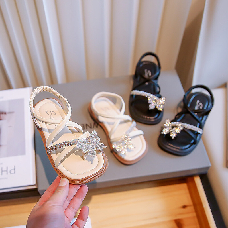 Suvised tüdrukute sandaalid Rhinestone kandiline varvas klamber-varvas Luksuslikud laste liugurid Must beež pehme Pu-nahast šikk lastekingad 23-36