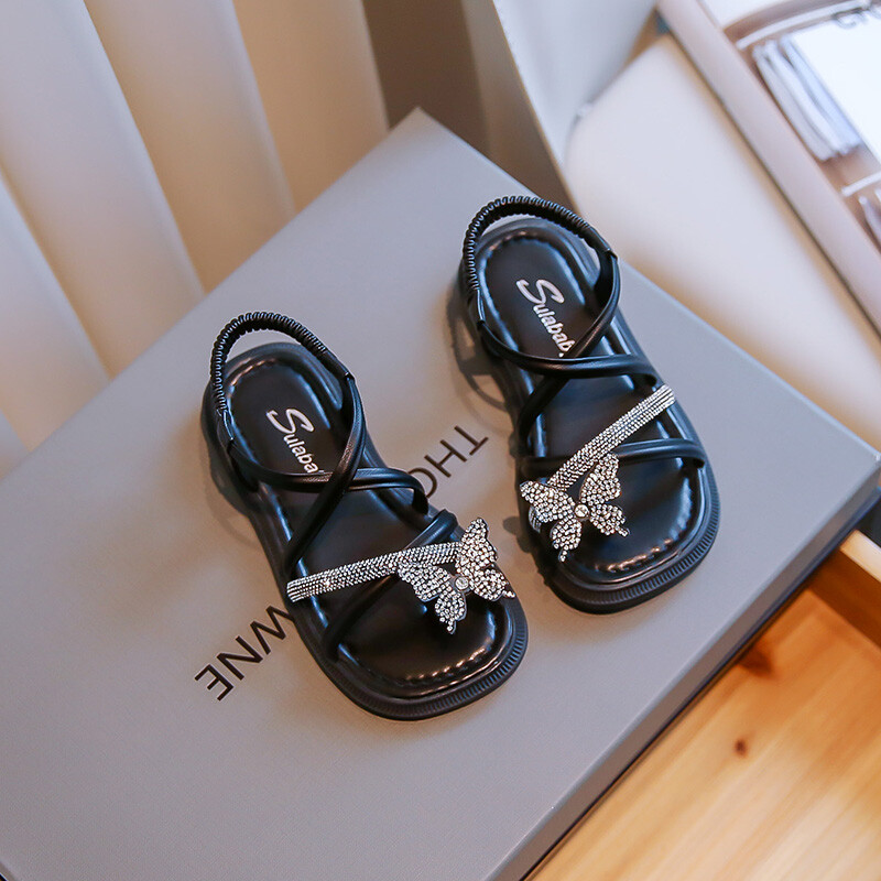 Suvised tüdrukute sandaalid Rhinestone kandiline varvas klamber-varvas Luksuslikud laste liugurid Must beež pehme Pu-nahast šikk lastekingad 23-36