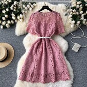 Neploe rochie vintage din dantelă scobită pentru femei, vară, cu talie subțire, rochii A-line, 2024, rochie nouă cu mânecă scurtă