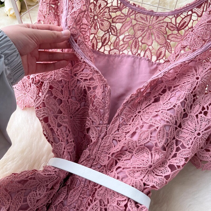 Neploe rochie vintage din dantelă scobită pentru femei, vară, cu talie subțire, rochii A-line, 2024, rochie nouă cu mânecă scurtă