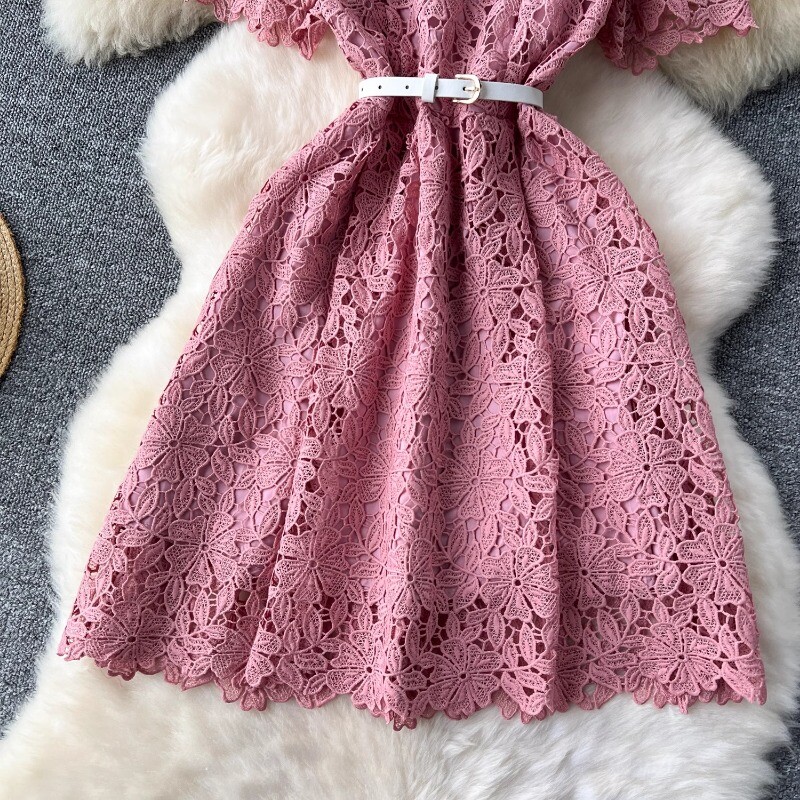 Neploe rochie vintage din dantelă scobită pentru femei, vară, cu talie subțire, rochii A-line, 2024, rochie nouă cu mânecă scurtă