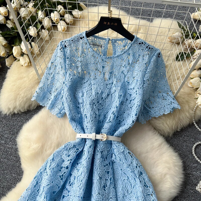 Neploe rochie vintage din dantelă scobită pentru femei, vară, cu talie subțire, rochii A-line, 2024, rochie nouă cu mânecă scurtă