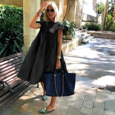 Φόρεμα Swing Φόρεμα Γραφικό Απλό βολάν Πλήρωμα λαιμόκοψη MidiDress Basic Romantic Daily Holiday $hort Μανίκι Loose Fit Μαύρο Λευκό Ροζ s