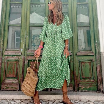 Καλοκαιρινό φουσκωτό μανίκι Boho Maxi Γυναικείο Κομψό 2024 Casual Floral κορδόνι V-λαιμόκοψη Φαρδιά Φορέματα για διακοπές στην παραλία Party Vestidos