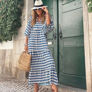 Καλοκαιρινό φουσκωτό μανίκι Boho Maxi Γυναικείο Κομψό 2024 Casual Floral κορδόνι V-λαιμόκοψη Φαρδιά Φορέματα για διακοπές στην παραλία Party Vestidos