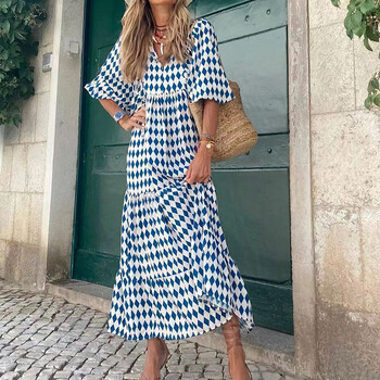 Καλοκαιρινό φουσκωτό μανίκι Boho Maxi Γυναικείο Κομψό 2024 Casual Floral κορδόνι V-λαιμόκοψη Φαρδιά Φορέματα για διακοπές στην παραλία Party Vestidos