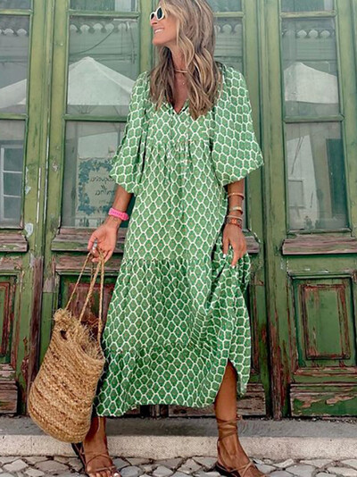 Καλοκαιρινό φουσκωτό μανίκι Boho Maxi Γυναικείο Κομψό 2024 Casual Floral κορδόνι V-λαιμόκοψη Φαρδιά Φορέματα για διακοπές στην παραλία Party Vestidos