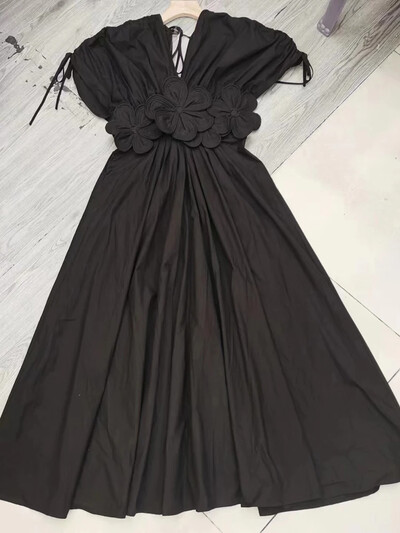 Moteriška Elegantiška 3d gėlė, tvirta klostuota ilga suknelė Prašmatni V kaklo trumpomis rankovėmis, surišama raišteliu, chalatai Vasaros moteriškos gatvės drabužiai