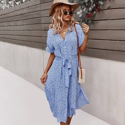 Suvine naiste lilleprinteriga kleit vabaaja lühikeste varrukatega nööbiga pühade midikleidid naistele V-kaelusega rannas Boho šikk kleit Elegantne rüü