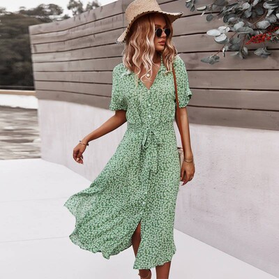 Suvine naiste lilleprinteriga kleit vabaaja lühikeste varrukatega nööbiga pühade midikleidid naistele V-kaelusega rannas Boho šikk kleit Elegantne rüü