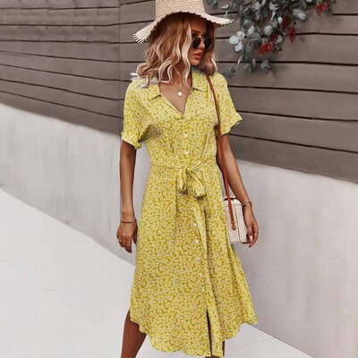 Suvine naiste lilleprinteriga kleit vabaaja lühikeste varrukatega nööbiga pühade midikleidid naistele V-kaelusega rannas Boho šikk kleit Elegantne rüü