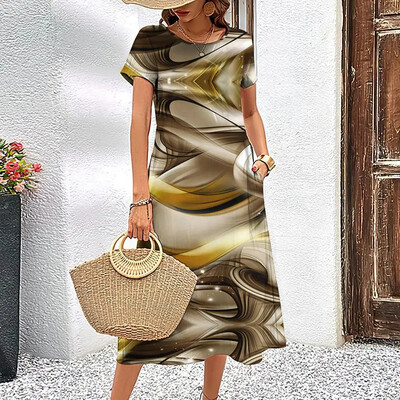 Κομψό γυναικείο φόρεμα Καλοκαιρινό κοντά μανίκια Φορέματα ραβδώσεις εμπριμέ γυναικεία ρούχα Φαρδιά φούστα σε γραμμή Α Casual πουλόβερ με στρογγυλό γιακά