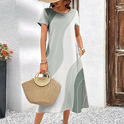 Κομψό γυναικείο φόρεμα Καλοκαιρινό κοντά μανίκια Φορέματα ραβδώσεις εμπριμέ γυναικεία ρούχα Φαρδιά φούστα σε γραμμή Α Casual πουλόβερ με στρογγυλό γιακά