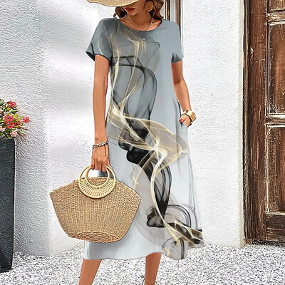 Κομψό γυναικείο φόρεμα Καλοκαιρινό κοντά μανίκια Φορέματα ραβδώσεις εμπριμέ γυναικεία ρούχα Φαρδιά φούστα σε γραμμή Α Casual πουλόβερ με στρογγυλό γιακά