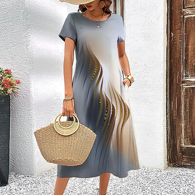 Κομψό γυναικείο φόρεμα Καλοκαιρινό κοντά μανίκια Φορέματα ραβδώσεις εμπριμέ γυναικεία ρούχα Φαρδιά φούστα σε γραμμή Α Casual πουλόβερ με στρογγυλό γιακά