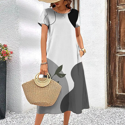 Κομψό γυναικείο φόρεμα Καλοκαιρινό κοντά μανίκια Φορέματα ραβδώσεις εμπριμέ γυναικεία ρούχα Φαρδιά φούστα σε γραμμή Α Casual πουλόβερ με στρογγυλό γιακά