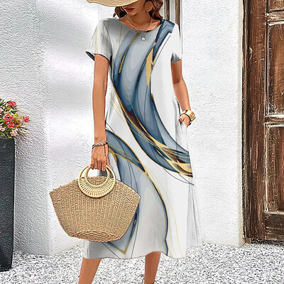 Κομψό γυναικείο φόρεμα Καλοκαιρινό κοντά μανίκια Φορέματα ραβδώσεις εμπριμέ γυναικεία ρούχα Φαρδιά φούστα σε γραμμή Α Casual πουλόβερ με στρογγυλό γιακά