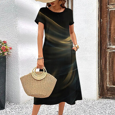 Κομψό γυναικείο φόρεμα Καλοκαιρινό κοντά μανίκια Φορέματα ραβδώσεις εμπριμέ γυναικεία ρούχα Φαρδιά φούστα σε γραμμή Α Casual πουλόβερ με στρογγυλό γιακά