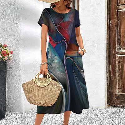 Κομψό γυναικείο φόρεμα Καλοκαιρινό κοντά μανίκια Φορέματα ραβδώσεις εμπριμέ γυναικεία ρούχα Φαρδιά φούστα σε γραμμή Α Casual πουλόβερ με στρογγυλό γιακά