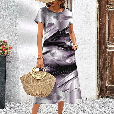 Κομψό γυναικείο φόρεμα Καλοκαιρινό κοντά μανίκια Φορέματα ραβδώσεις εμπριμέ γυναικεία ρούχα Φαρδιά φούστα σε γραμμή Α Casual πουλόβερ με στρογγυλό γιακά