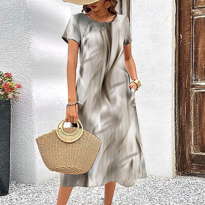 Κομψό γυναικείο φόρεμα Καλοκαιρινό κοντά μανίκια Φορέματα ραβδώσεις εμπριμέ γυναικεία ρούχα Φαρδιά φούστα σε γραμμή Α Casual πουλόβερ με στρογγυλό γιακά