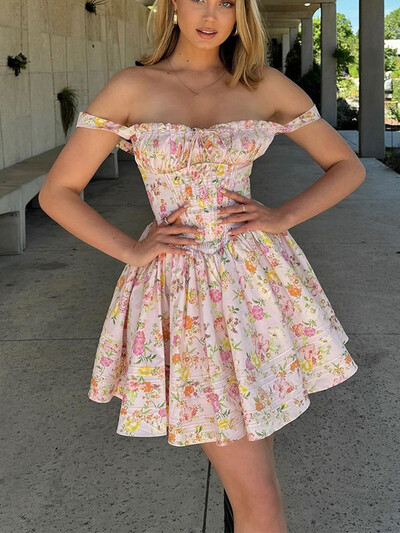 Γυναικεία Μόδα Φορέματα με κοντό μανίκι με πλισέ Κομψό τύπωμα Μίνι φόρεμα με λαιμόκοψη V σε γραμμή Α 2024 Chic Lady Party Beach Vestidos