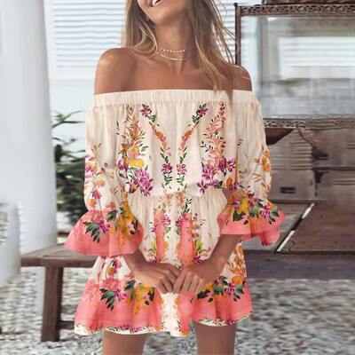 Rochii boho pentru femei 2023, vara, sexy, cu umeri, imprimeu floral, cu maneci evazate, tunică, rochie, ocazională, mini rochie de soare