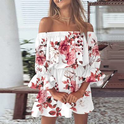Rochii boho pentru femei 2023, vara, sexy, cu umeri, imprimeu floral, cu maneci evazate, tunică, rochie, ocazională, mini rochie de soare