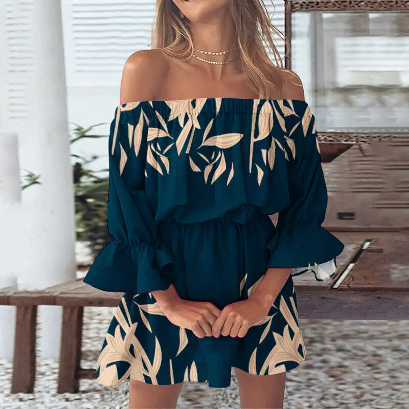 Rochii boho pentru femei 2023, vara, sexy, cu umeri, imprimeu floral, cu maneci evazate, tunică, rochie, ocazională, mini rochie de soare