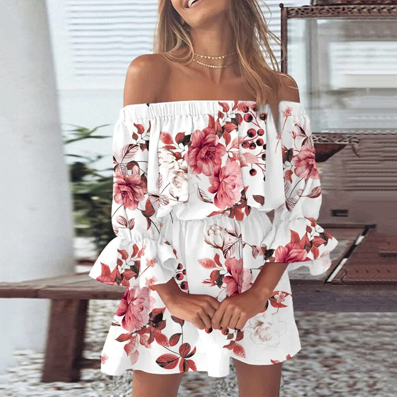 Rochii boho pentru femei 2023, vara, sexy, cu umeri, imprimeu floral, cu maneci evazate, tunică, rochie, ocazională, mini rochie de soare