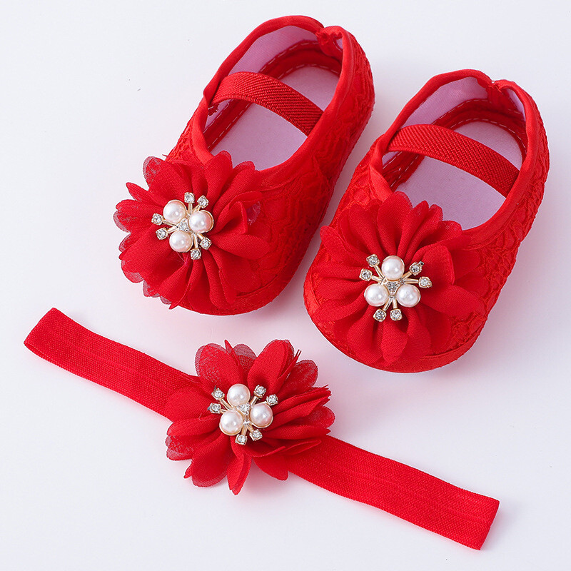 Cipele za princeze s bisernim cvijetom 0-1 godina Cipele s mekanim potplatom za malu djecu Komplet traka za glavu Cipele za novorođenče Univerzalne svečane cipele