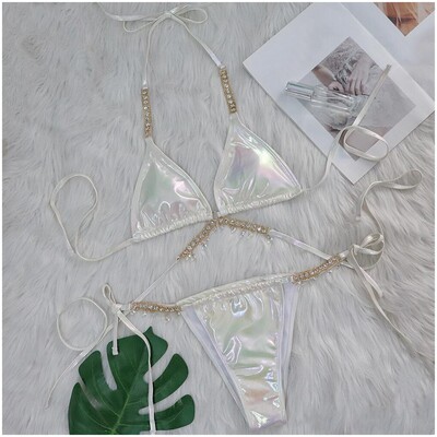 Naiste rinnahoidjaga pikad ujumistopid Naiste kristallbikiinid Seksikad kuuma tembeldava rihmaga poolitatud ujumistrikoo naiste S ujumispüksid