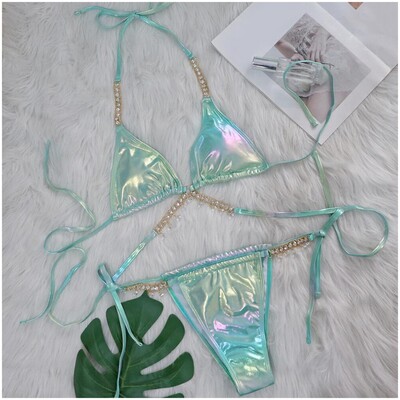 Naiste rinnahoidjaga pikad ujumistopid Naiste kristallbikiinid Seksikad kuuma tembeldava rihmaga poolitatud ujumistrikoo naiste S ujumispüksid