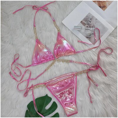 Naiste rinnahoidjaga pikad ujumistopid Naiste kristallbikiinid Seksikad kuuma tembeldava rihmaga poolitatud ujumistrikoo naiste S ujumispüksid