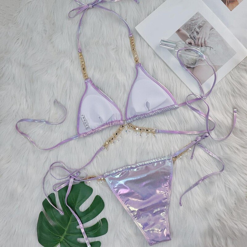 Naiste rinnahoidjaga pikad ujumistopid Naiste kristallbikiinid Seksikad kuuma tembeldava rihmaga poolitatud ujumistrikoo naiste S ujumispüksid