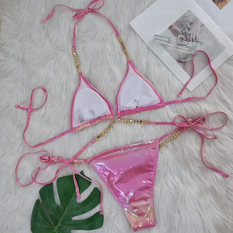 Naiste rinnahoidjaga pikad ujumistopid Naiste kristallbikiinid Seksikad kuuma tembeldava rihmaga poolitatud ujumistrikoo naiste S ujumispüksid