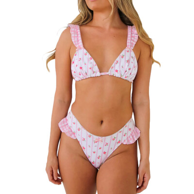 Naiste 2-osaline retro volangidega bikiinid, rinnahoidja, ujumistrikoo spagetirihm Seksikas kolmnurkne G-Thong ujumisriided, ujumisriided