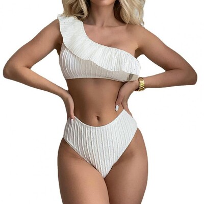 2 tk/komplekt naiste bikiinikomplekt, ühevärviline volang, üks õlg, kõrge vöökoht, kiiresti kuivav ujumisriided, polsterdatud, soonikuga rannaujumisriided Water S