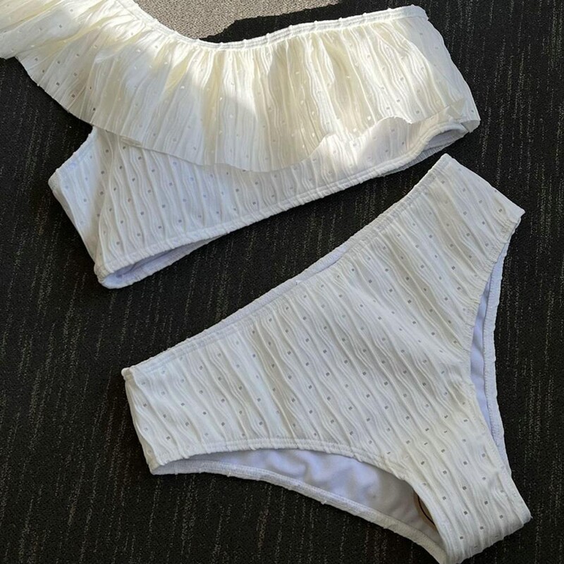 2 tk/komplekt naiste bikiinikomplekt, ühevärviline volang, üks õlg, kõrge vöökoht, kiiresti kuivav ujumisriided, polsterdatud, soonikuga rannaujumisriided Water S