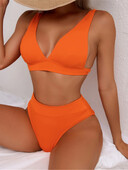 S- XL 12 spalvų briaunotas aukšto juosmens bikinis moteriškas maudymosi kostiumėlis Moteriškas maudymosi kostiumėlis Dviejų dalių bikinio rinkinys Solid Bather Maudymosi kostiumėlis Swim 2024 m.