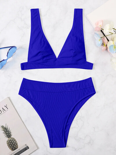 S- XL 12 spalvų briaunotas aukšto juosmens bikinis moteriškas maudymosi kostiumėlis Moteriškas maudymosi kostiumėlis Dviejų dalių bikinio rinkinys Solid Bather Maudymosi kostiumėlis Swim 2024 m.