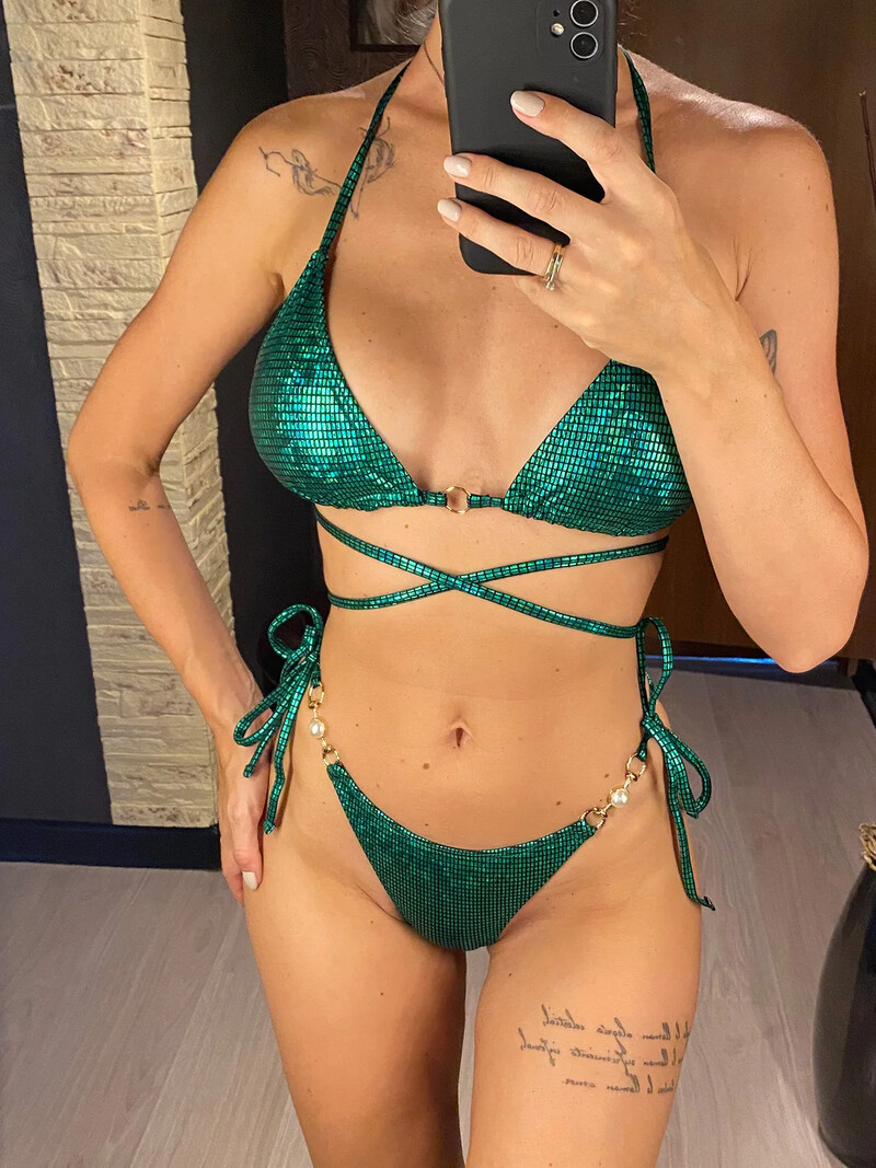 S- XL Shiny Sequins Wrap Around Halter Bikini Γυναικεία μαγιό Γυναικείο μαγιό Σετ μπικίνι δύο τεμαχίων Bather Bathing Suit Swim 2024