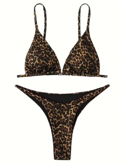 Seksikas leopardbikiinikostüüm naiste rihmaga Push Up ujumistrikoo Three Points Bikiinid, madala vöökohaga ujumisriided Naiste suvised seljataga rannarõivad