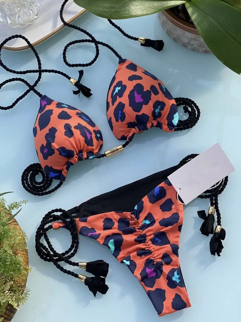 Costum de baie sexy pentru femei Triunghi Bikini Set Tanga Bandage Costumul de baie de culoare solidă
