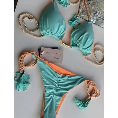 OIINAA naiste ujumistrikoo Seksikas nööriga bikiinide komplekt plokkvärvi rannariided Uus soliidne kaheosaline sebratriibuline ujumiskostüüm