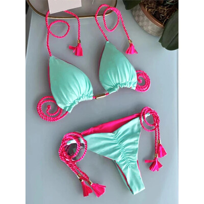 OIINAA naiste ujumistrikoo Seksikas nööriga bikiinide komplekt plokkvärvi rannariided Uus soliidne kaheosaline sebratriibuline ujumiskostüüm
