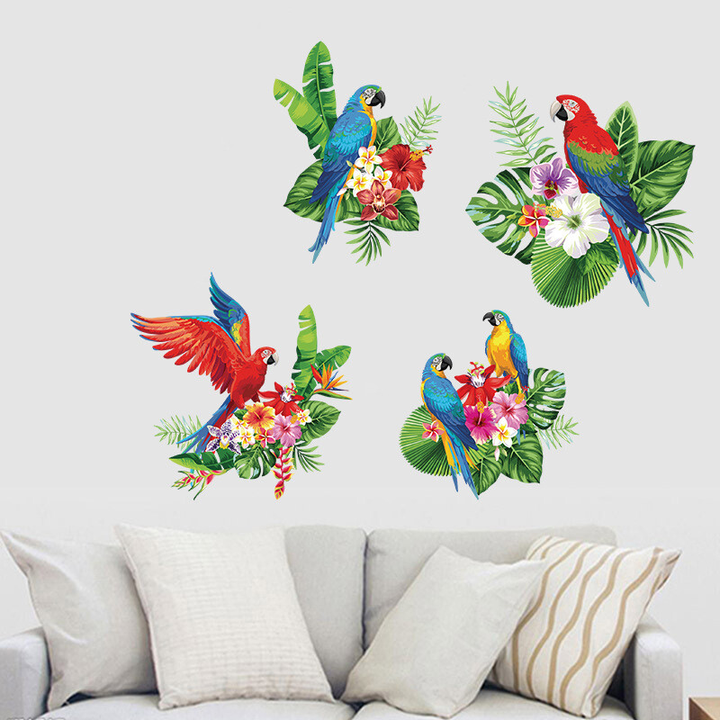 Uus MK8071 Värvitud Rohelised Taimed Lilled Papagoi Lind Seinakleebis Elutoa Magamistoa Sissepääs Kodusein Isekleepuv